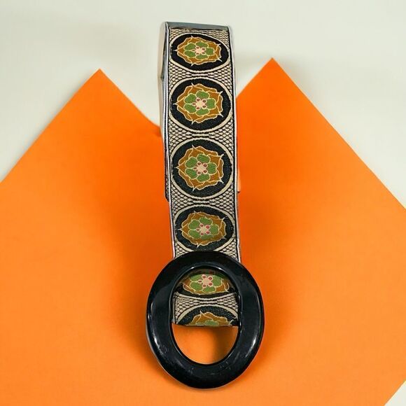 ELIZA B. Reversible embroidered floral ribbon belt greens browns size M - Picture 1 of 9